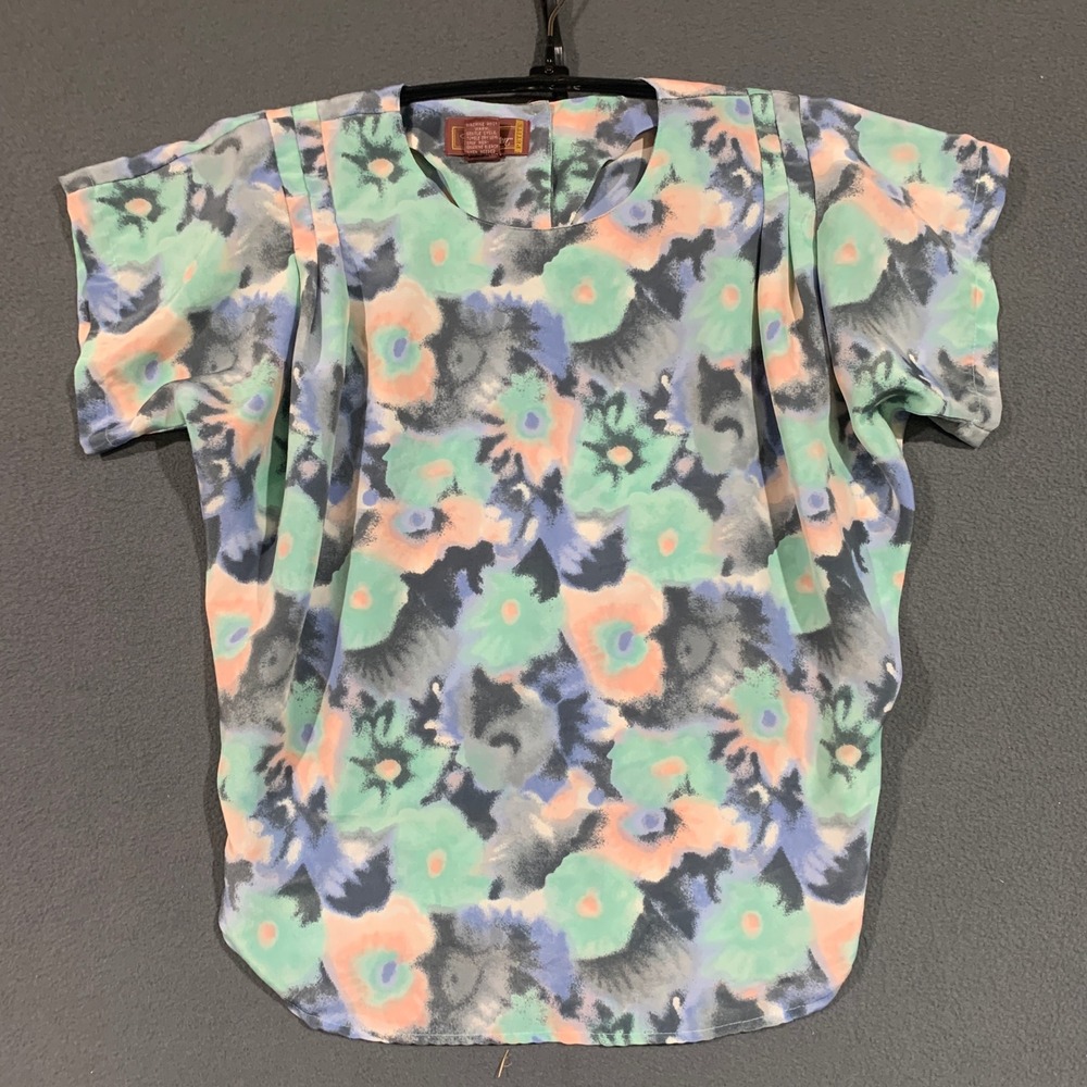 Worthington Petite Floral Blouse Size 6P Pastel Green Peach Blue Top Vintage
